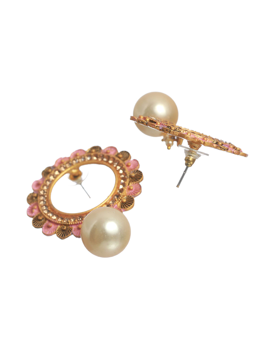 Priyaasi Pink Studded Floral Pearl Gold Plated Earrings