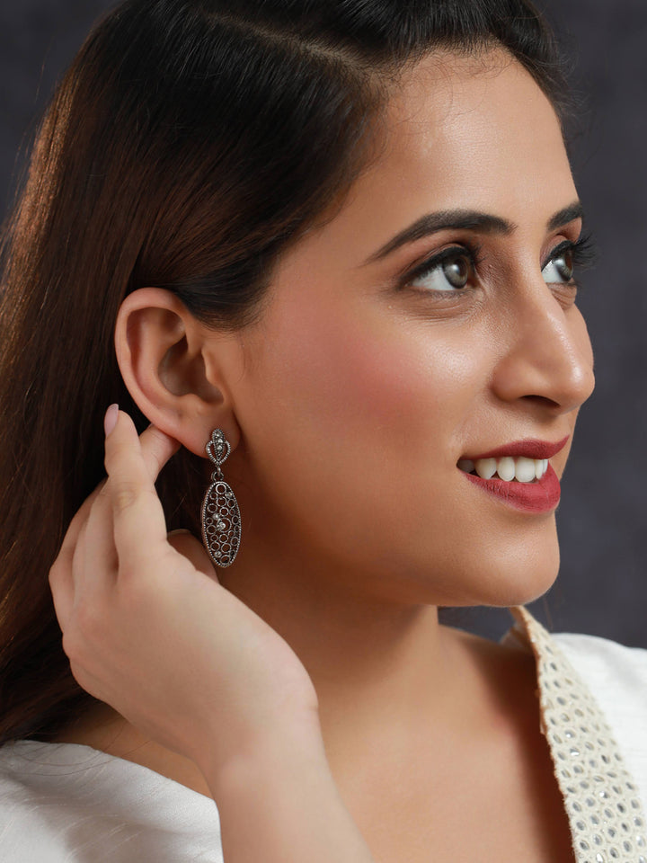 Priyaasi Studded Embossed Oxidised Silver Earring Set
