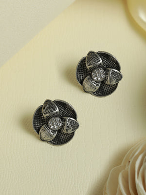 Priyaasi Floral Oxidised Silver Stud Earrings
