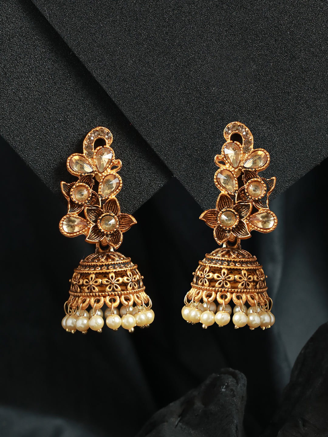 Priyaasi Studded Floral Pearl Gold Plated Jhumka Earrings