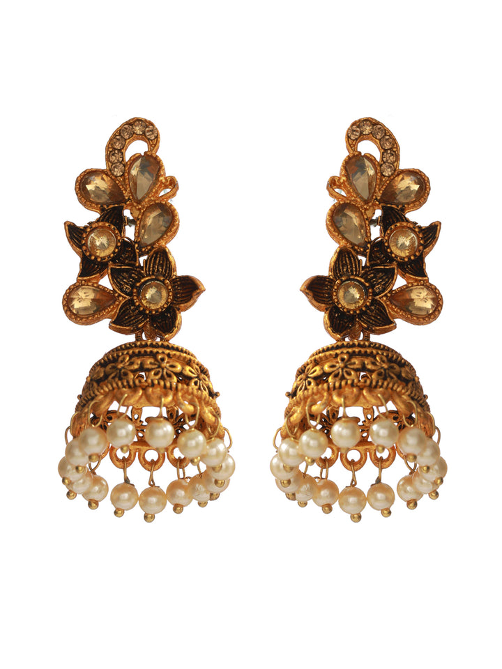 Priyaasi Studded Floral Pearl Gold Plated Jhumka Earrings