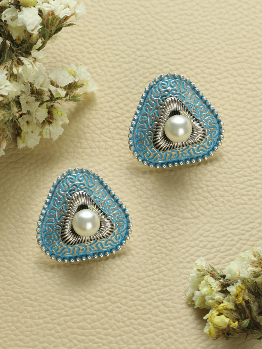 Priyaasi Blue Triangular Pearl Oxidised Silver Earrings