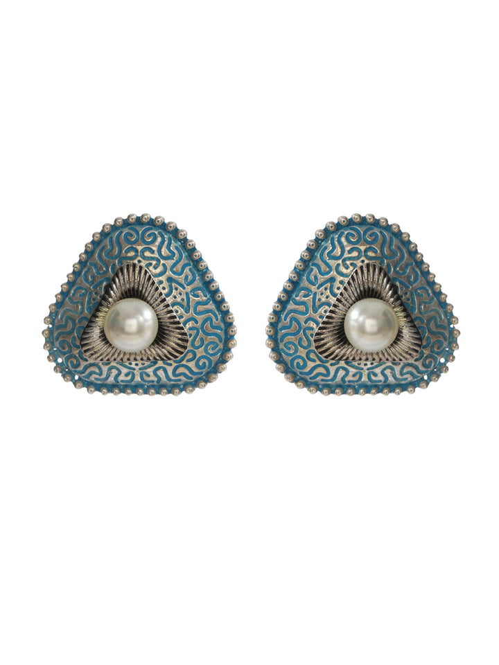 Priyaasi Blue Triangular Pearl Oxidised Silver Earrings