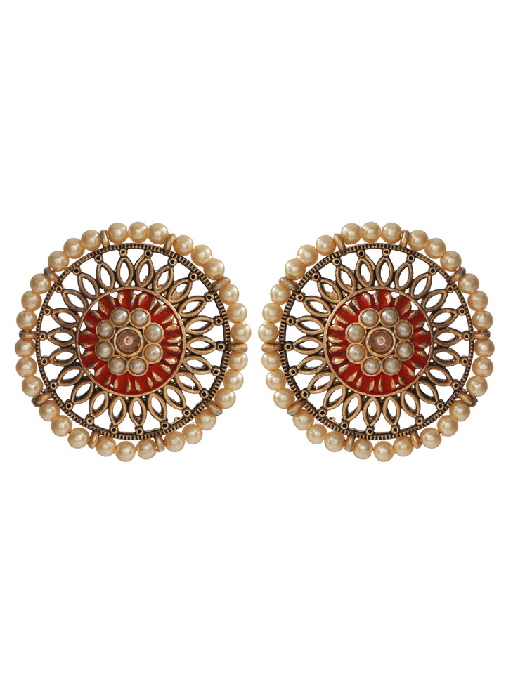 Priyaasi Floral Red Pearl Gold Plated Earrings