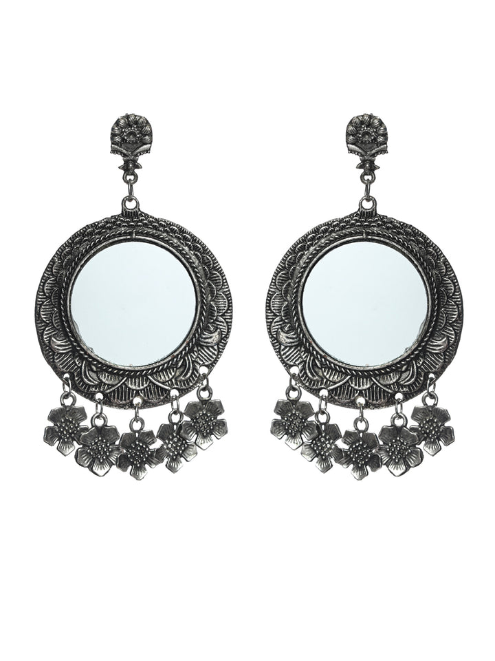 Priyaasi Floral Studded Mirror Oxidised Silver Earring Set