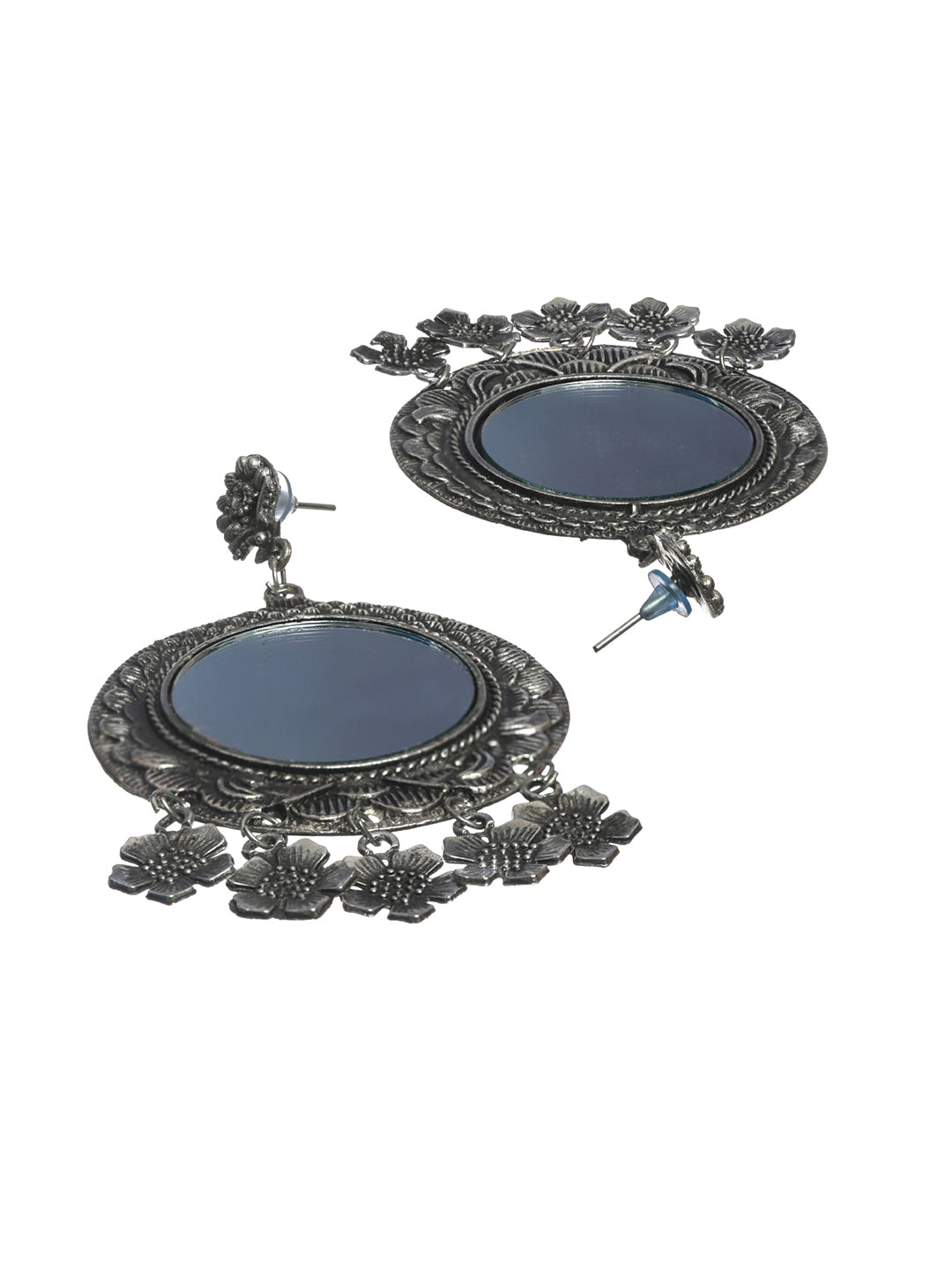 Priyaasi Floral Studded Mirror Oxidised Silver Earring Set