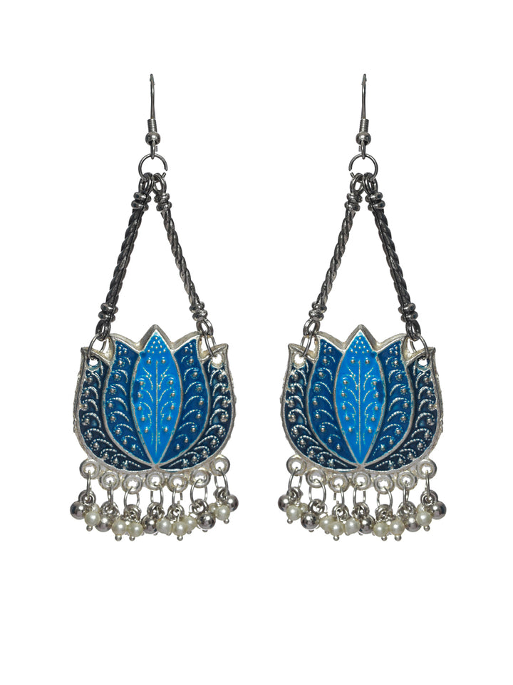 Priyaasi Oxidised Silver Blue Lotus Pearl Drop Earrings