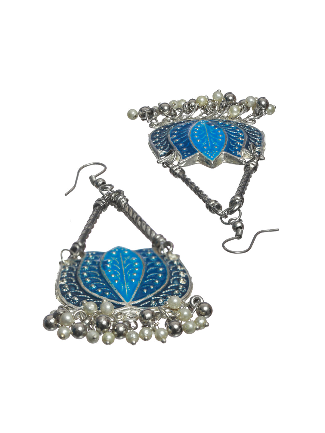 Priyaasi Oxidised Silver Blue Lotus Pearl Drop Earrings