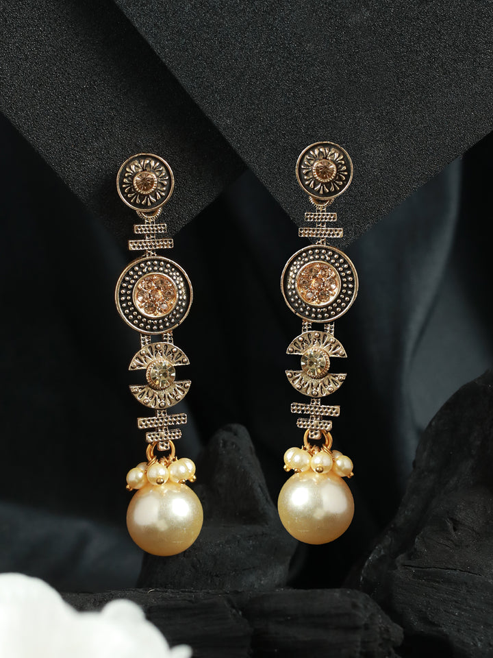 Priyaasi Long Floral Pearl Drop Gold Plated Earrings