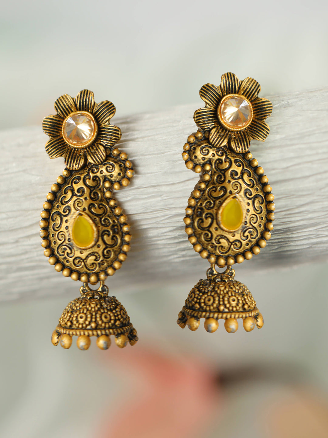 Priyaasi Yellow Floral Gold Plated Jhumka Earrings