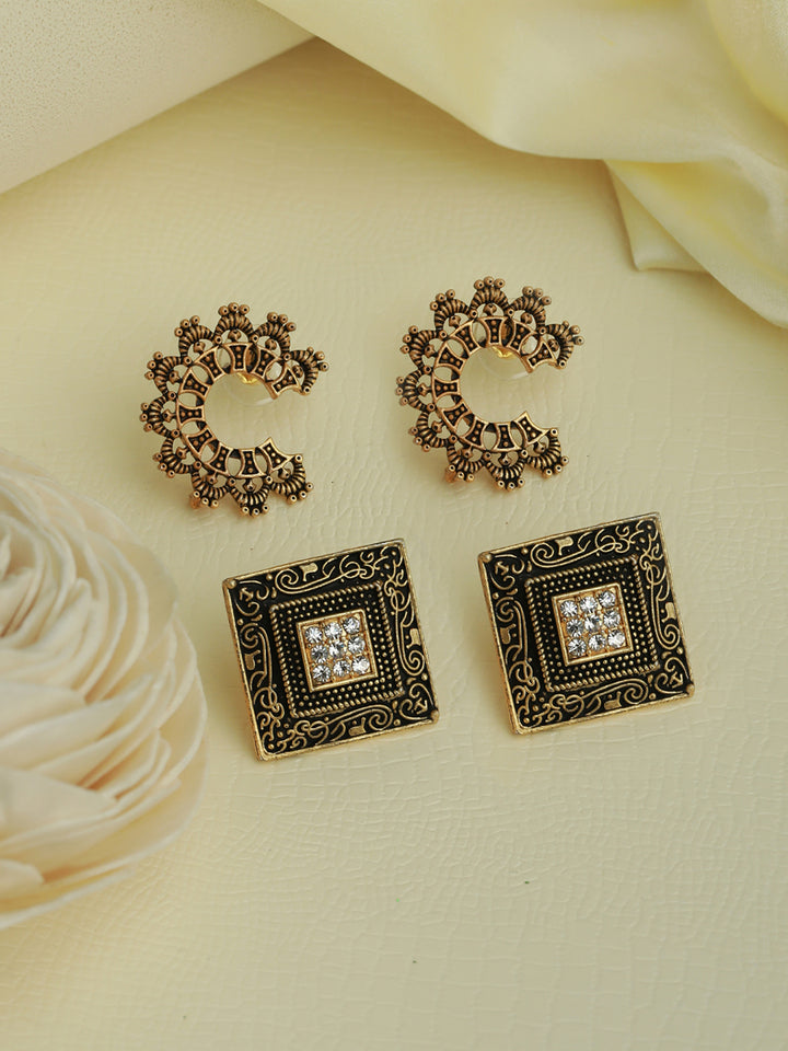 Priyaasi Black Elegant Pattern Gold Plated Stud Earring Set