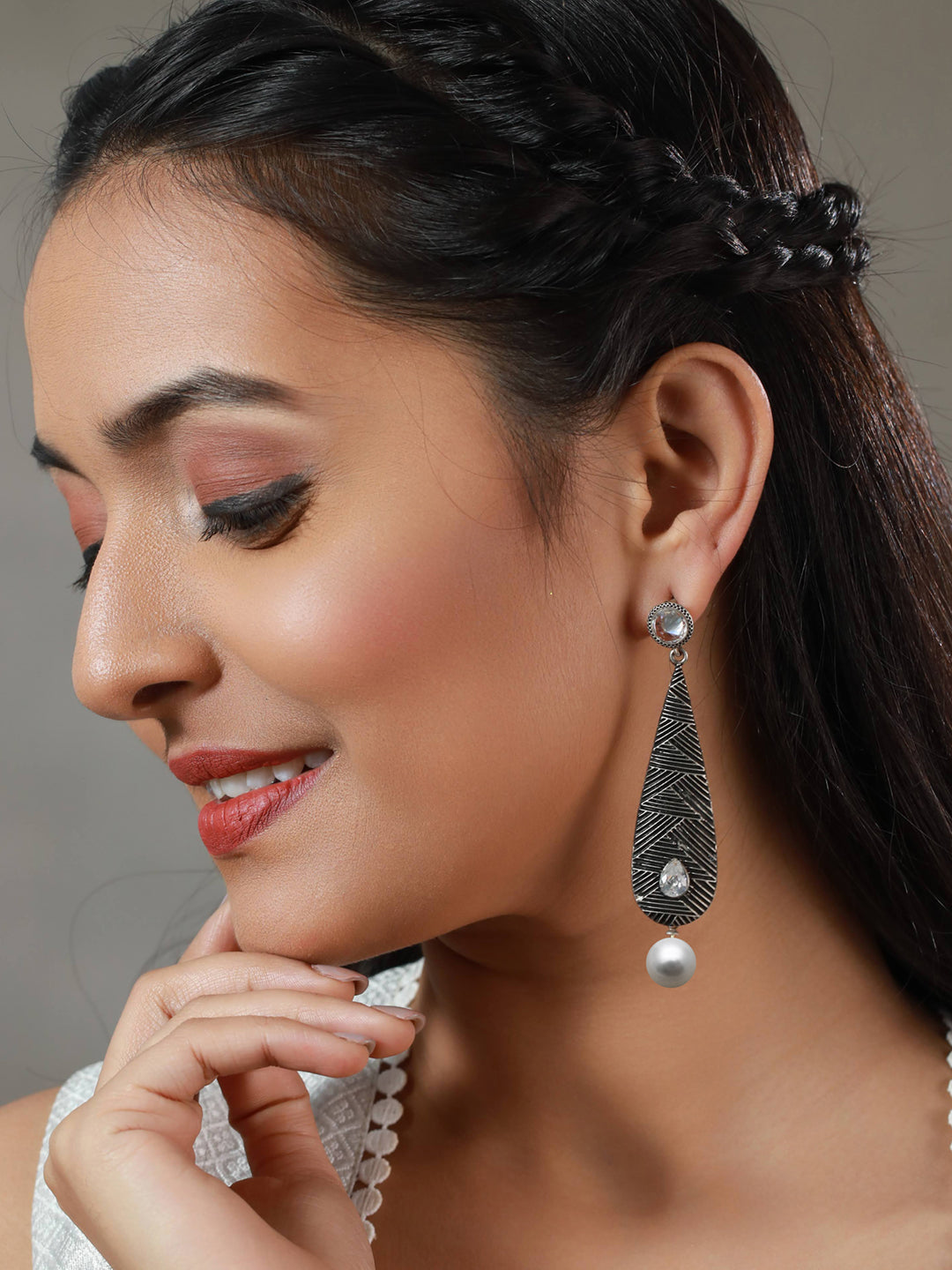 Priyaasi Long Studded Leaf Oxidised Silver Earrings