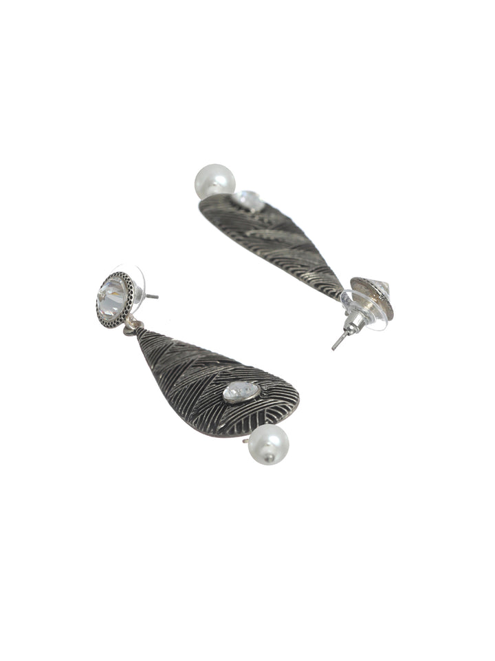 Priyaasi Long Studded Leaf Oxidised Silver Earrings