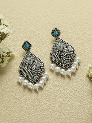 Priyaasi Blue Floral Oxidised Silver Pearl Drop Earrings