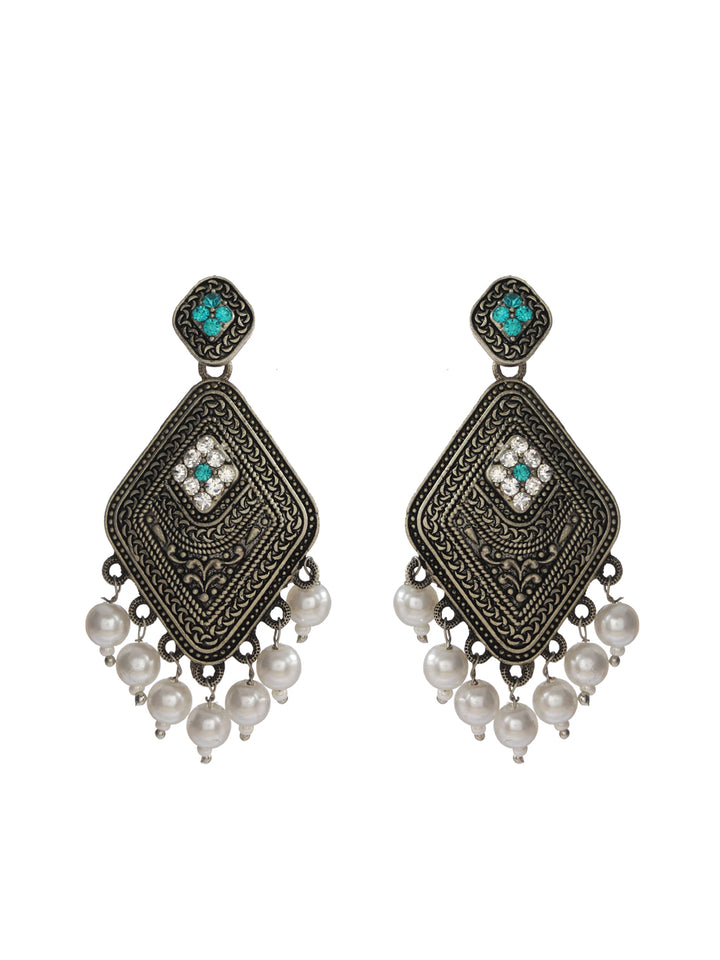 Priyaasi Blue Floral Oxidised Silver Pearl Drop Earrings