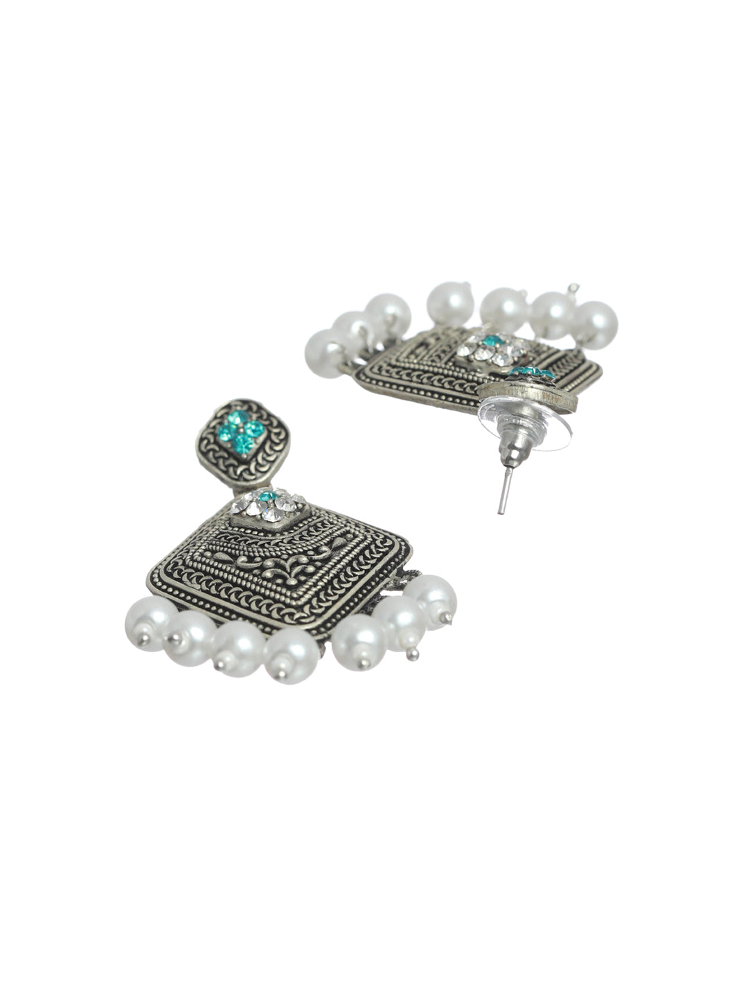 Priyaasi Blue Floral Oxidised Silver Pearl Drop Earrings