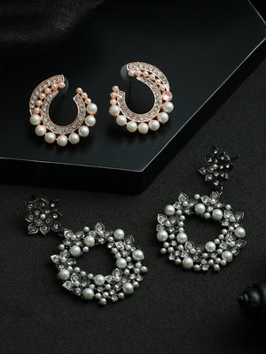 Priyaasi Round Floral Pearl Silver Rose Gold Plated Earring Set