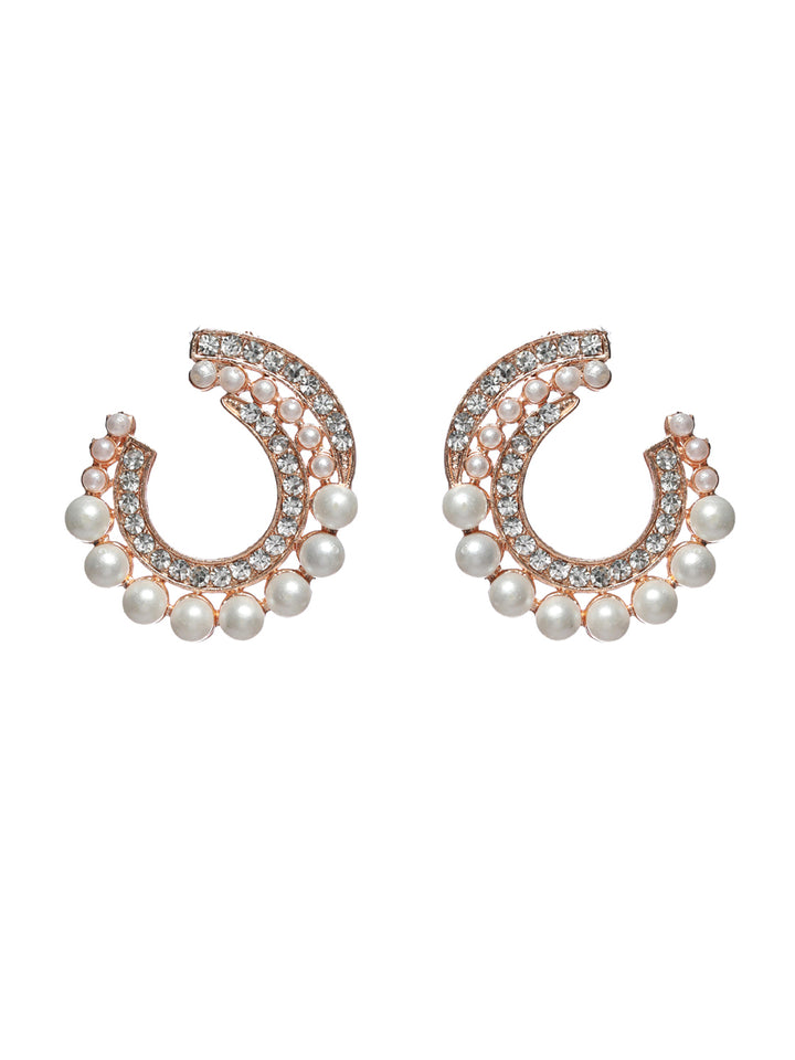 Priyaasi Round Floral Pearl Silver Rose Gold Plated Earring Set