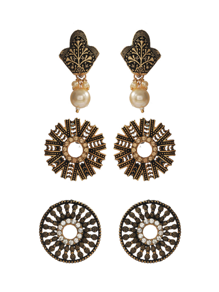 Priyaasi Studded Floral Gold Plated Earring Set of 3