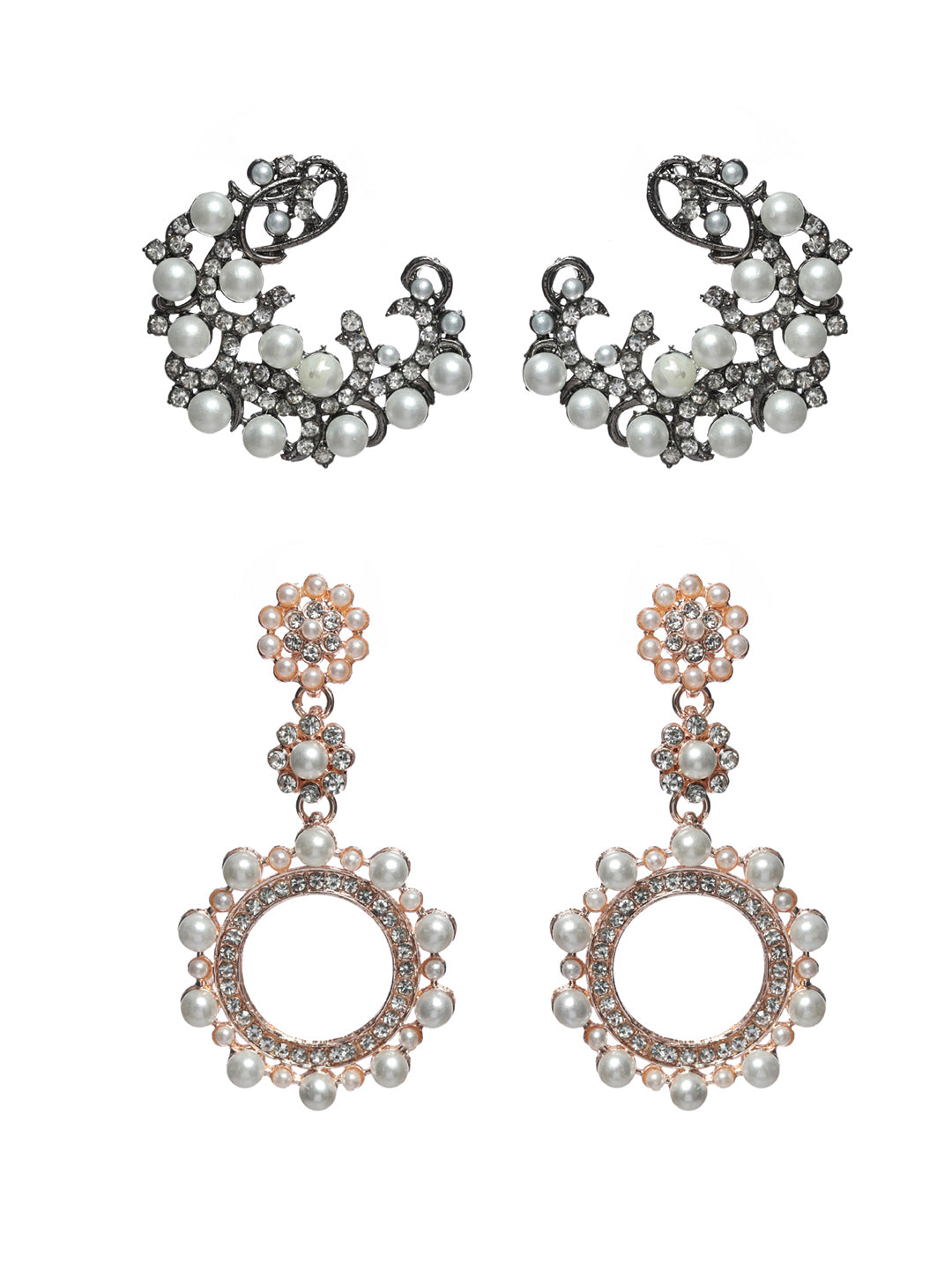 Priyaasi Pearl Studded Silver Rose Gold Plated Earring Set