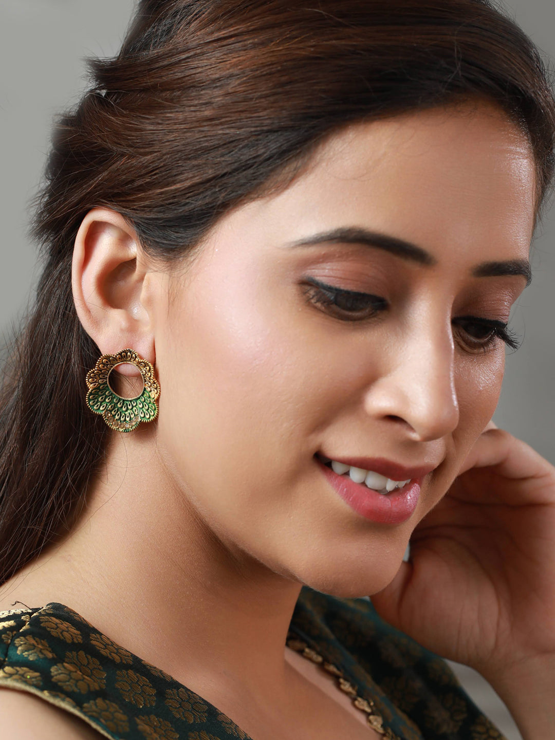 Priyaasi Green Floral Studded Gold Plated Earrings
