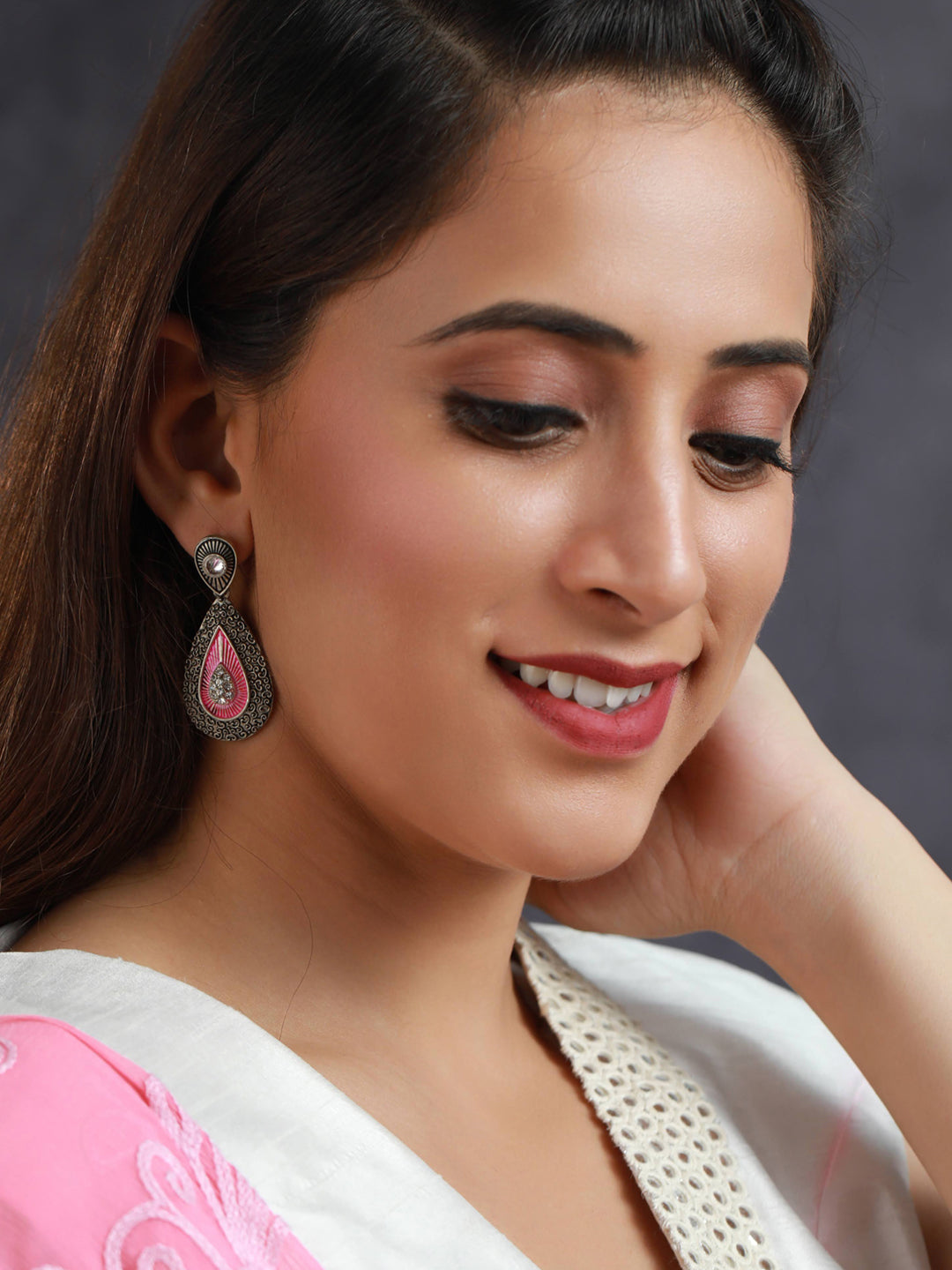 Priyaasi Teardrop Shaped Floral Oxidised Silver Earrings
