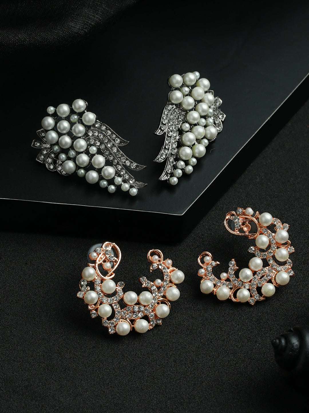 Priyaasi Studded Pearl Silver Rose Gold Plated Earring Set