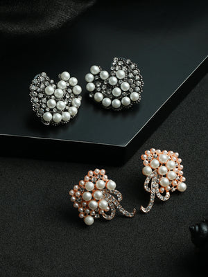 Priyaasi Floral Pearl Studded Silver Rose Gold Plated Earring Set