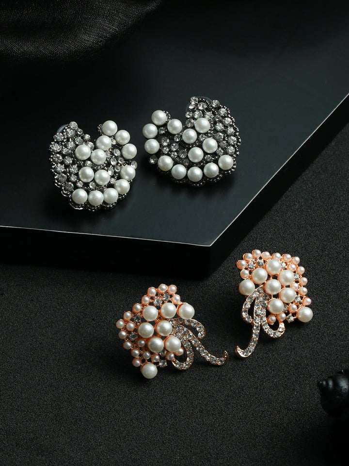 Priyaasi Floral Pearl Studded Silver Rose Gold Plated Earring Set