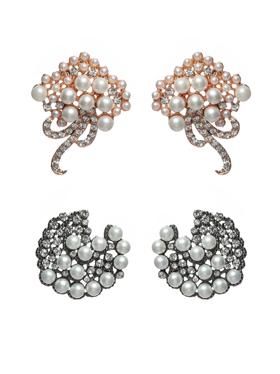 Priyaasi Floral Pearl Studded Silver Rose Gold Plated Earring Set