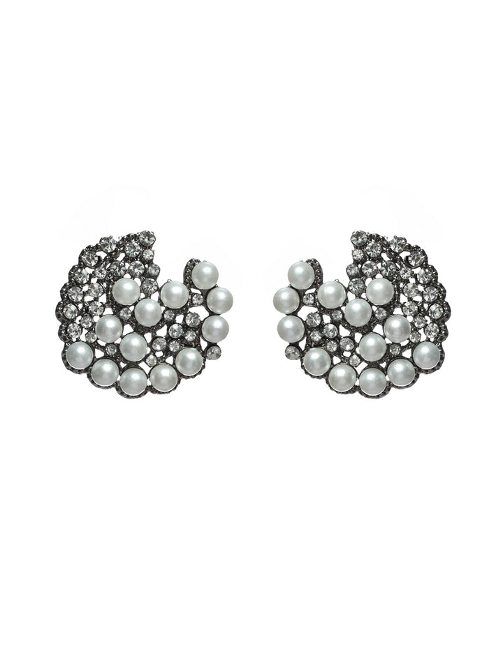 Priyaasi Floral Pearl Studded Silver Rose Gold Plated Earring Set