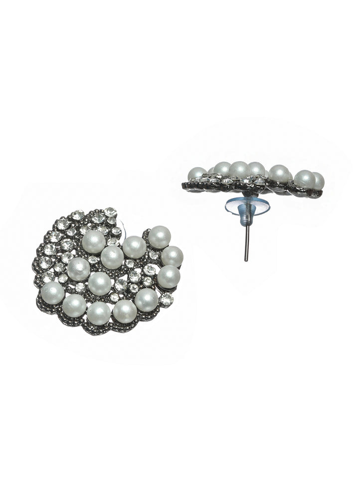 Priyaasi Floral Pearl Studded Silver Rose Gold Plated Earring Set