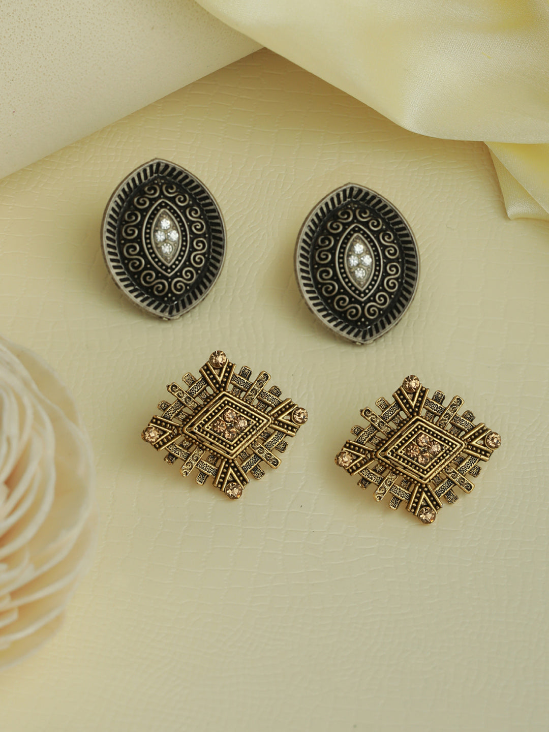 Priyaasi Stylish Studded Silver and Gold Plated Earring Set