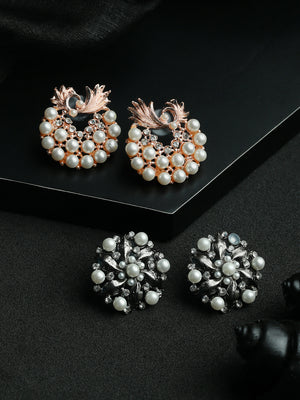 Priyaasi Floral Pearl Silver Rose Gold Plated Earring Set
