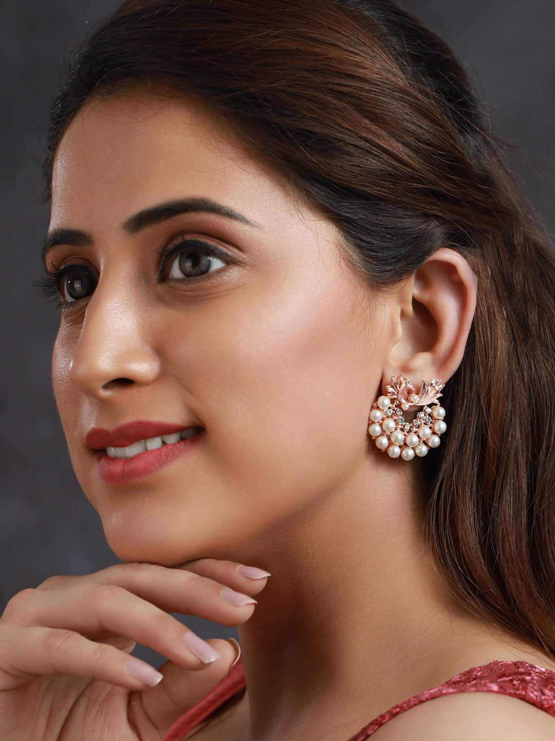 Priyaasi Floral Pearl Silver Rose Gold Plated Earring Set