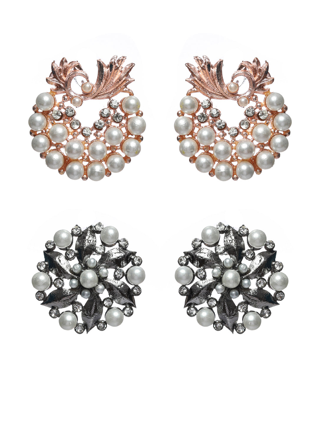 Priyaasi Floral Pearl Silver Rose Gold Plated Earring Set