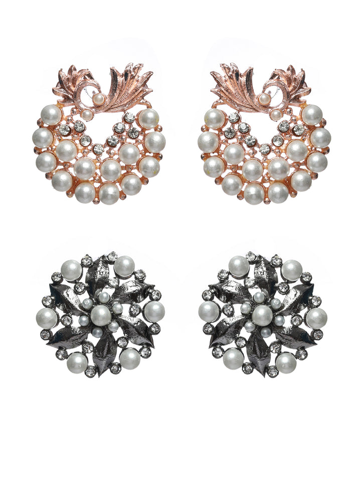 Priyaasi Floral Pearl Silver Rose Gold Plated Earring Set
