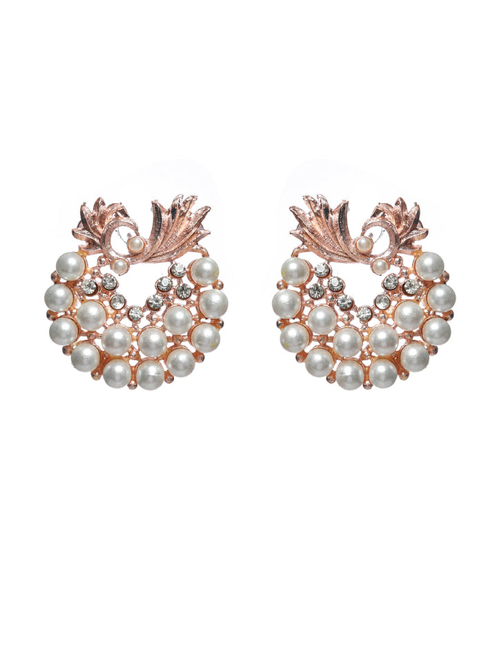 Priyaasi Floral Pearl Silver Rose Gold Plated Earring Set