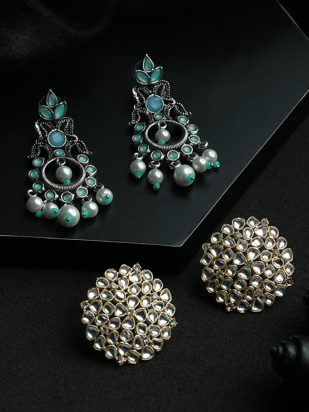 Priyaasi Floral Blue Stone Gold Silver Plated Earring Set