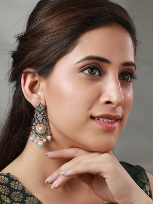 Priyaasi Floral Blue Stone Gold Silver Plated Earring Set