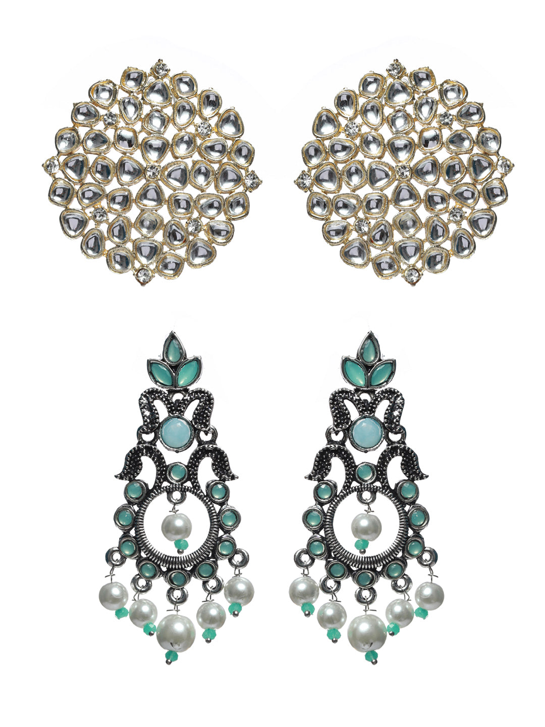 Priyaasi Floral Blue Stone Gold Silver Plated Earring Set