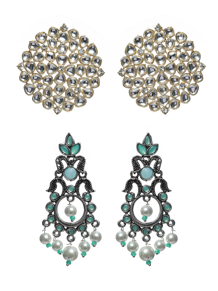 Priyaasi Floral Blue Stone Gold Silver Plated Earring Set