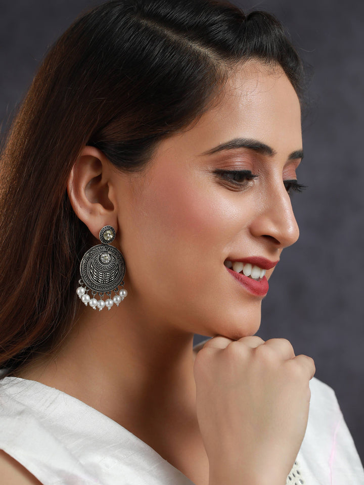 Priyaasi Floral Oxidised Silver Pearl Drop Earrings