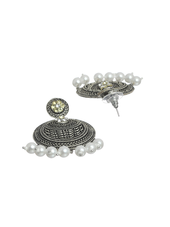 Priyaasi Floral Oxidised Silver Pearl Drop Earrings