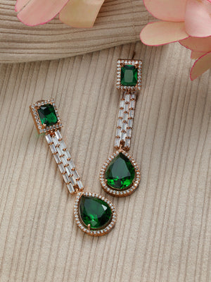 Priyaasi Green AD Studded Rose Gold Plated Drop Earrings