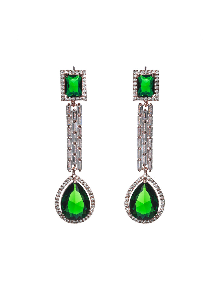 Priyaasi Green AD Studded Rose Gold Plated Drop Earrings