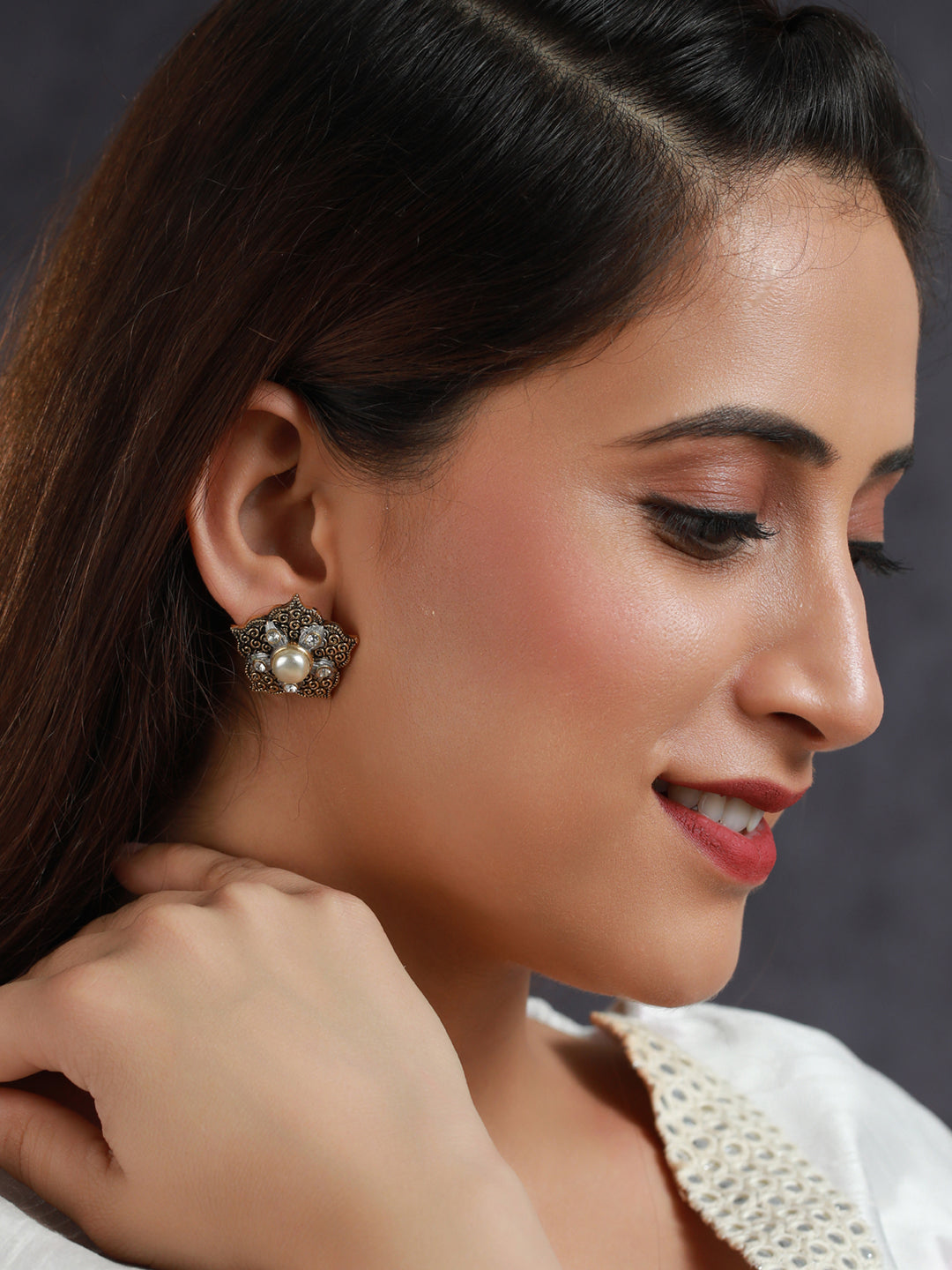 Priyaasi Floral Pearl Studded Gold Plated Earrings