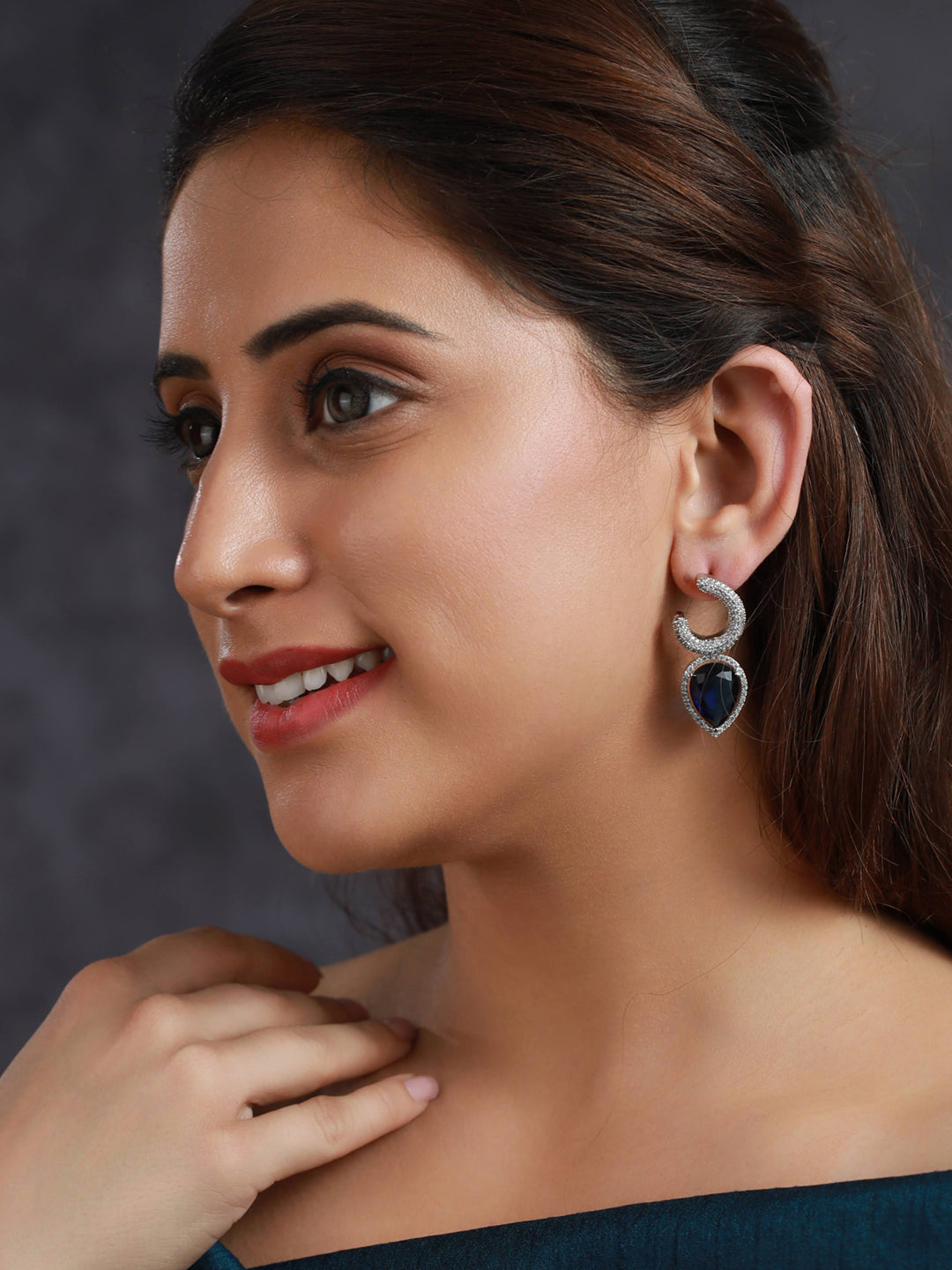 Priyaasi Blue AD Studded Silver Plated Teardrop Earrings