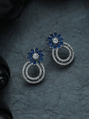 Priyaasi Blue AD Studded Floral Drop Silver Plated Earrings