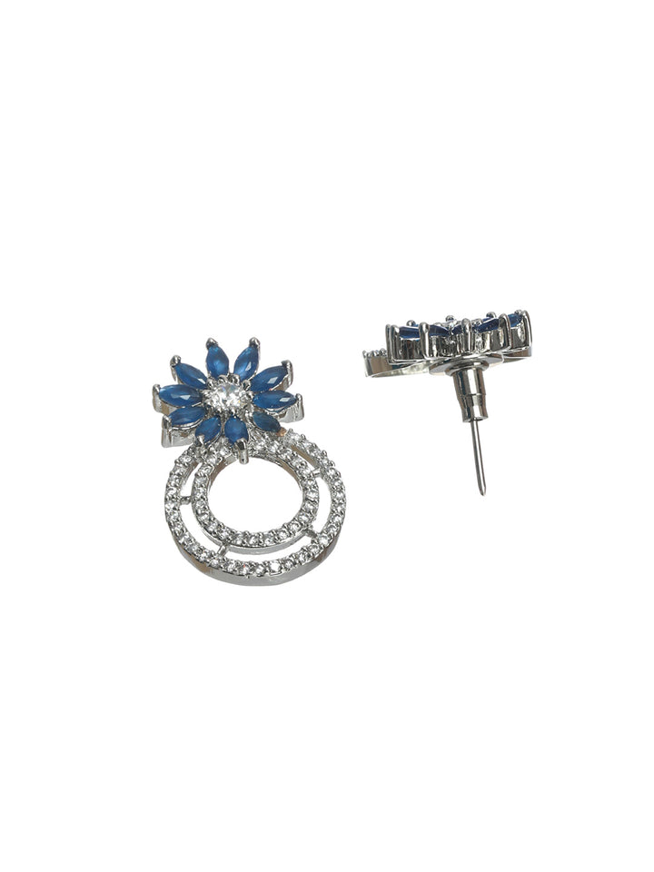 Priyaasi Blue AD Studded Floral Drop Silver Plated Earrings